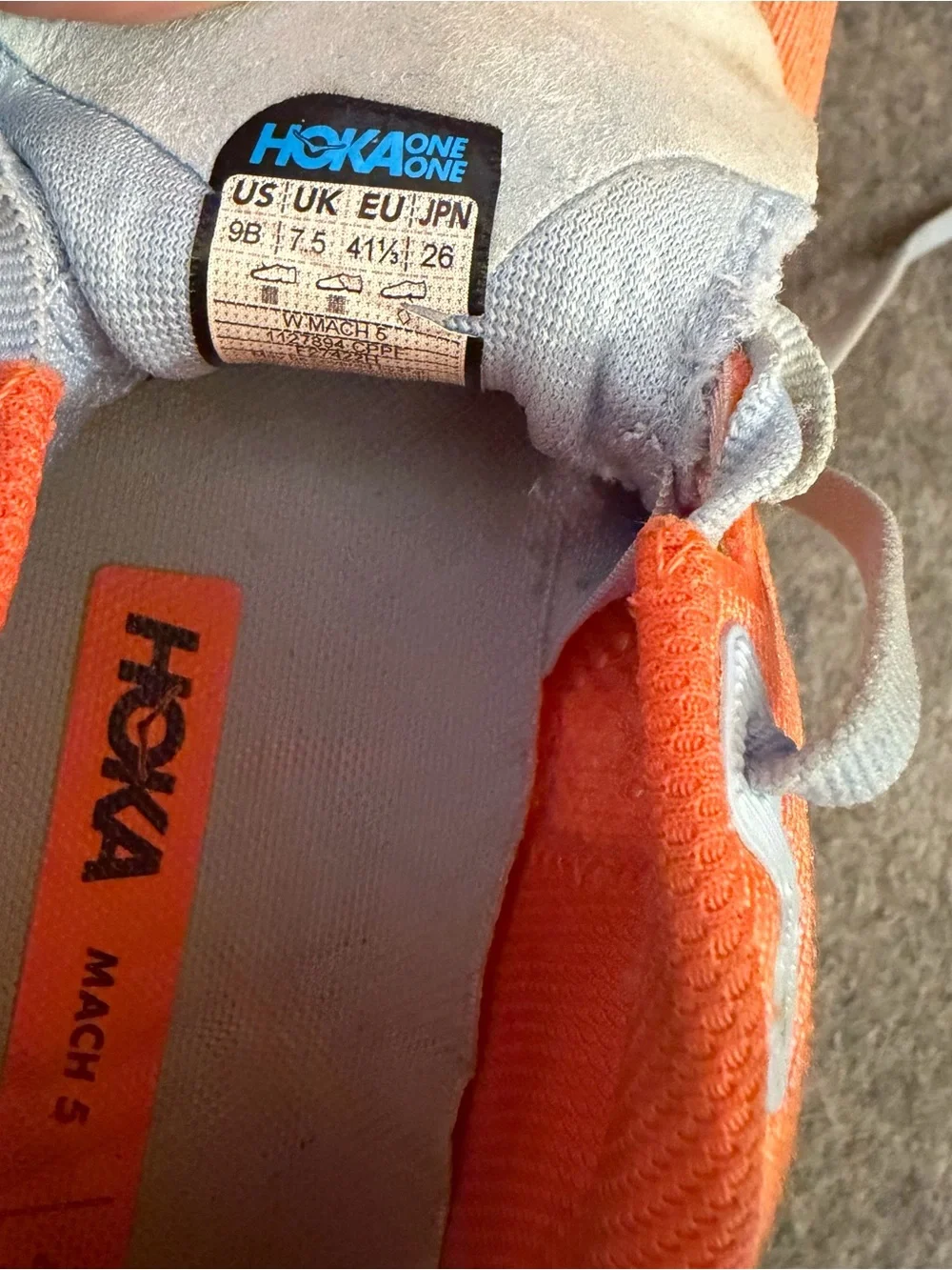 HOKA Mach 5 Size 9B Running Shoes Orange Athletic Sneakers